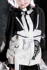 Black/White [Zero-Type Transformation] Techwear Long Sleeves Embroidered Hooded Punk Jirai Kei Shorts Coat Set - Coat - 14