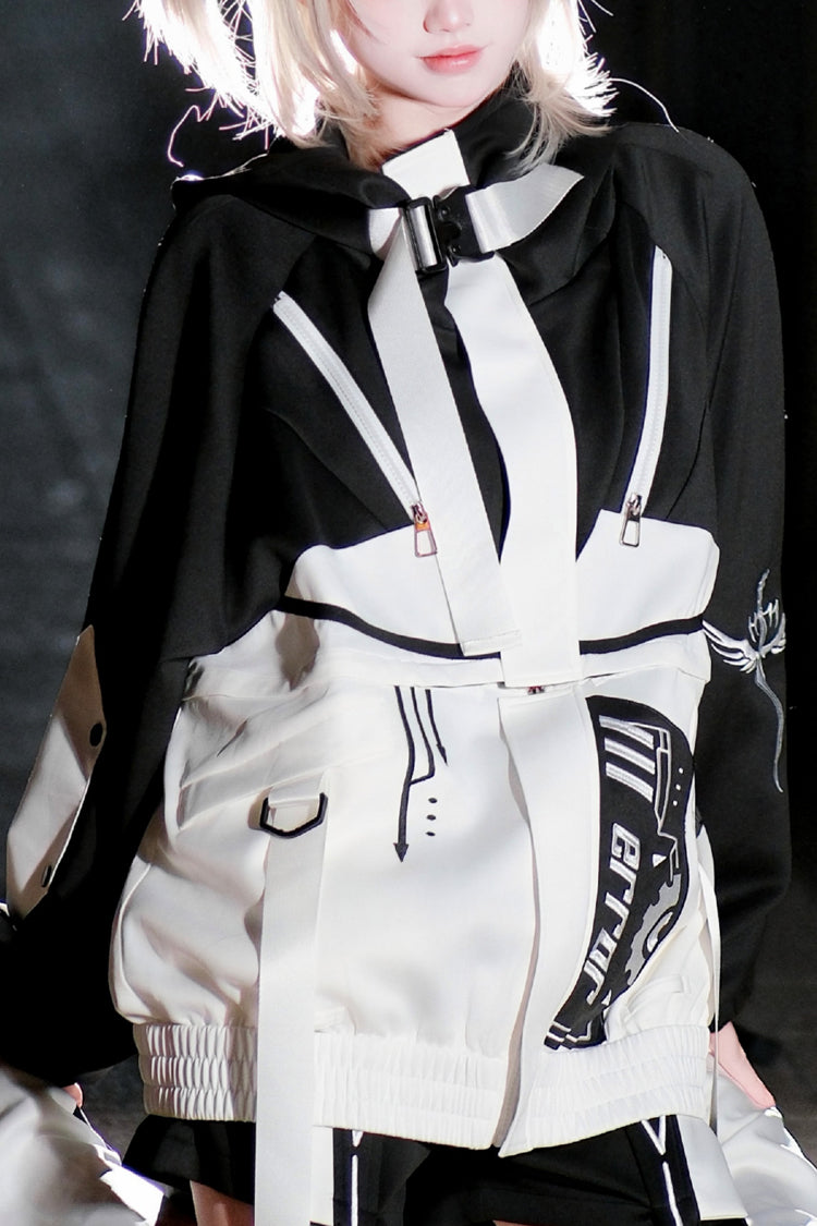 Black/White [Zero-Type Transformation] Techwear Long Sleeves Embroidered Hooded Punk Jirai Kei Shorts Coat Set - Coat - 14