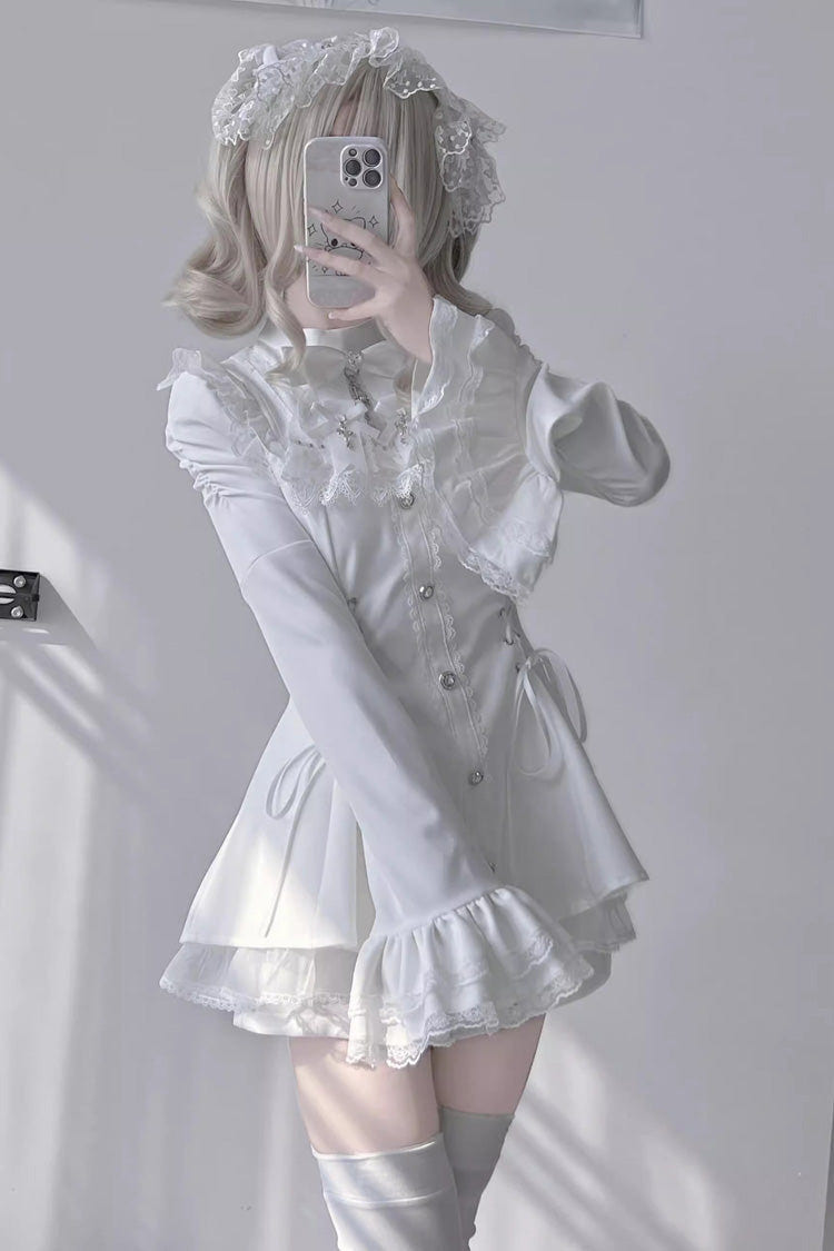 White Long Trumpet Sleeves Bowknot Lace-Up Gothic Jirai Kei Dress Shorts Set - Product - 3