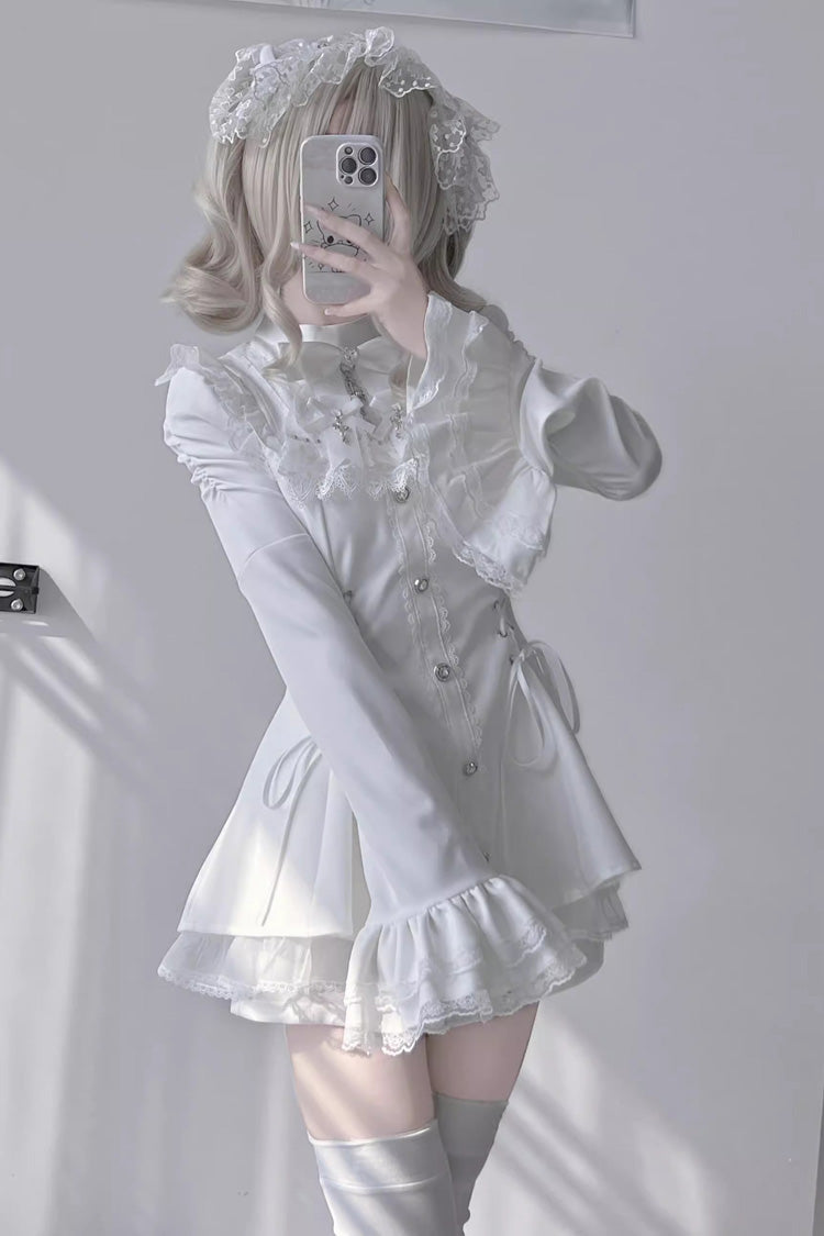 White Long Trumpet Sleeves Bowknot Lace-Up Gothic Jirai Kei Dress Shorts Set - Product - 3