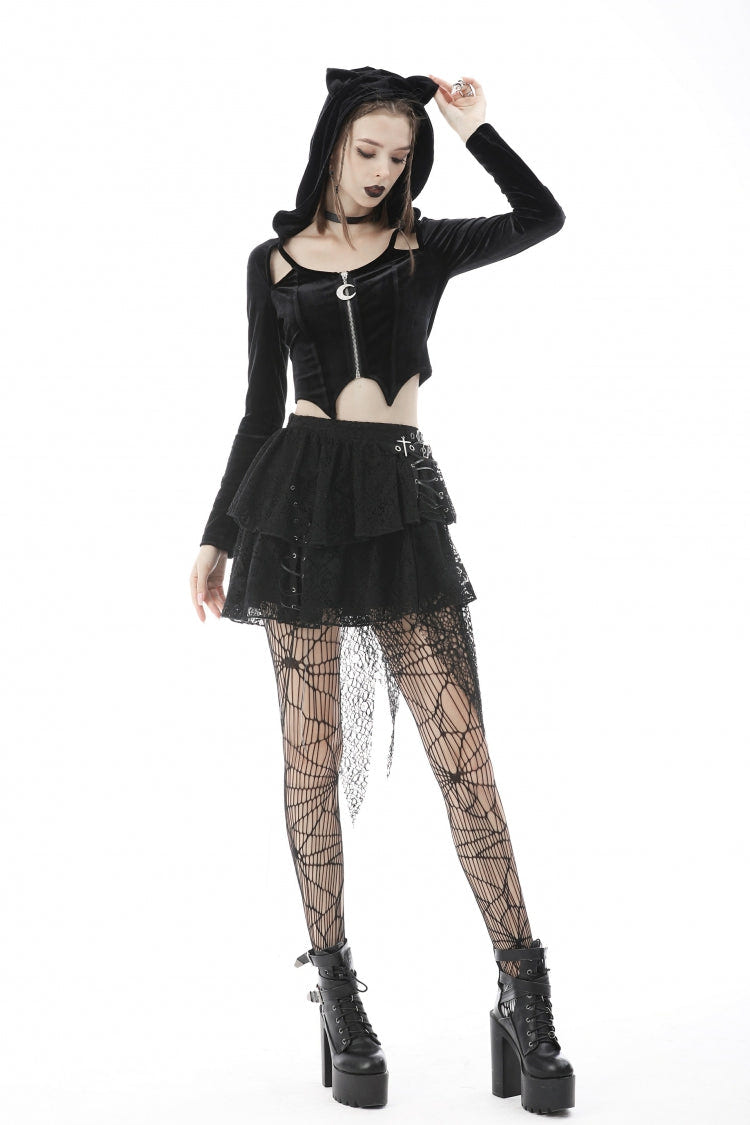 Black Long Sleeves Irregular Moon-shaped Zipper Women's Punk Crop Top with Cat's Ears Hood - Product - 5