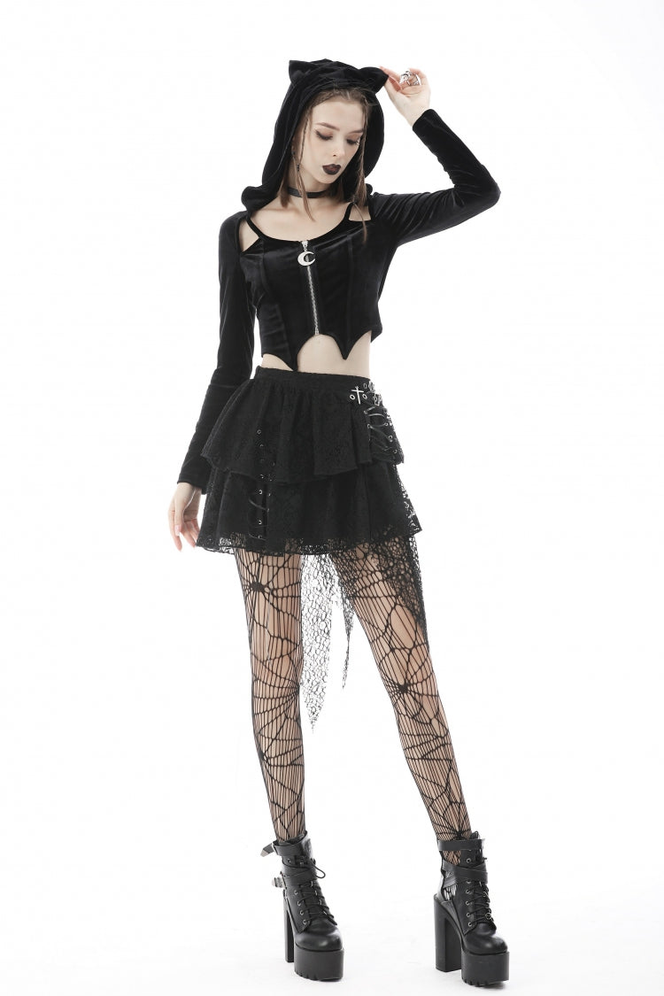 Black Long Sleeves Irregular Moon-shaped Zipper Women's Punk Crop Top with Cat's Ears Hood - Product - 5