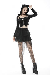 Black Long Sleeves Irregular Moon-shaped Zipper Women's Punk Crop Top with Cat's Ears Hood - Product - 5