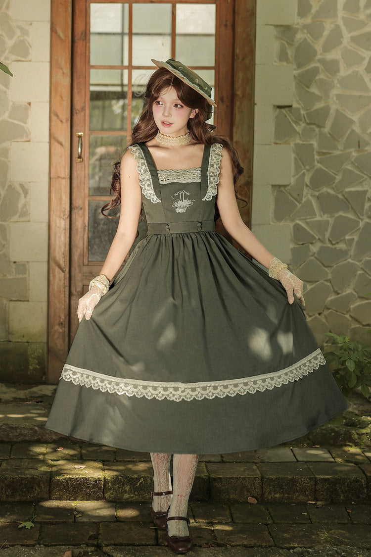 [The Oak Tree in the Wind] Square Collar Sleeveless Jacquard Embroidered Lace Classic Elegant Lolita Jsk Dress 2 Colors (Black, Green) - Green - 11