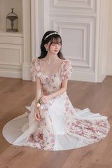 White Floral Pattern Square Collar Short Puff Sleeves Ruffled Open-Front Spliced Sweet Lolita Dress - Product - 2
