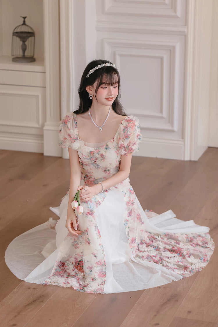 White Floral Pattern Square Collar Short Puff Sleeves Ruffled Open-Front Spliced Sweet Lolita Dress - Product - 2