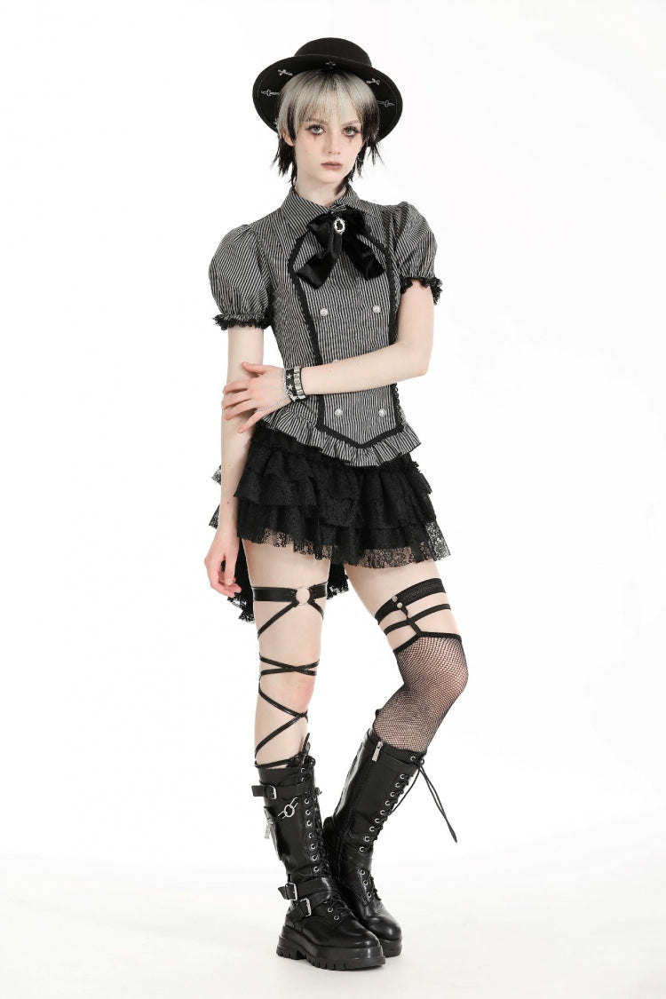Black/Grey Short Puff Sleeves Lace-Up Striped Double-Breasted Women's Gothic College Style Blouse - Product - 7