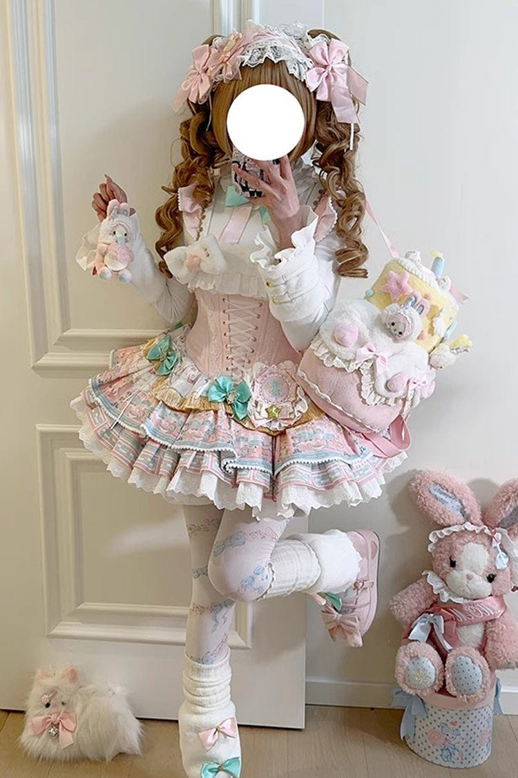 ピンク [Candy House] ティアード プリント フリル リボン レースアップ スウィート バレエ ロリータ ジャンパースカート（JSK） 商品画像