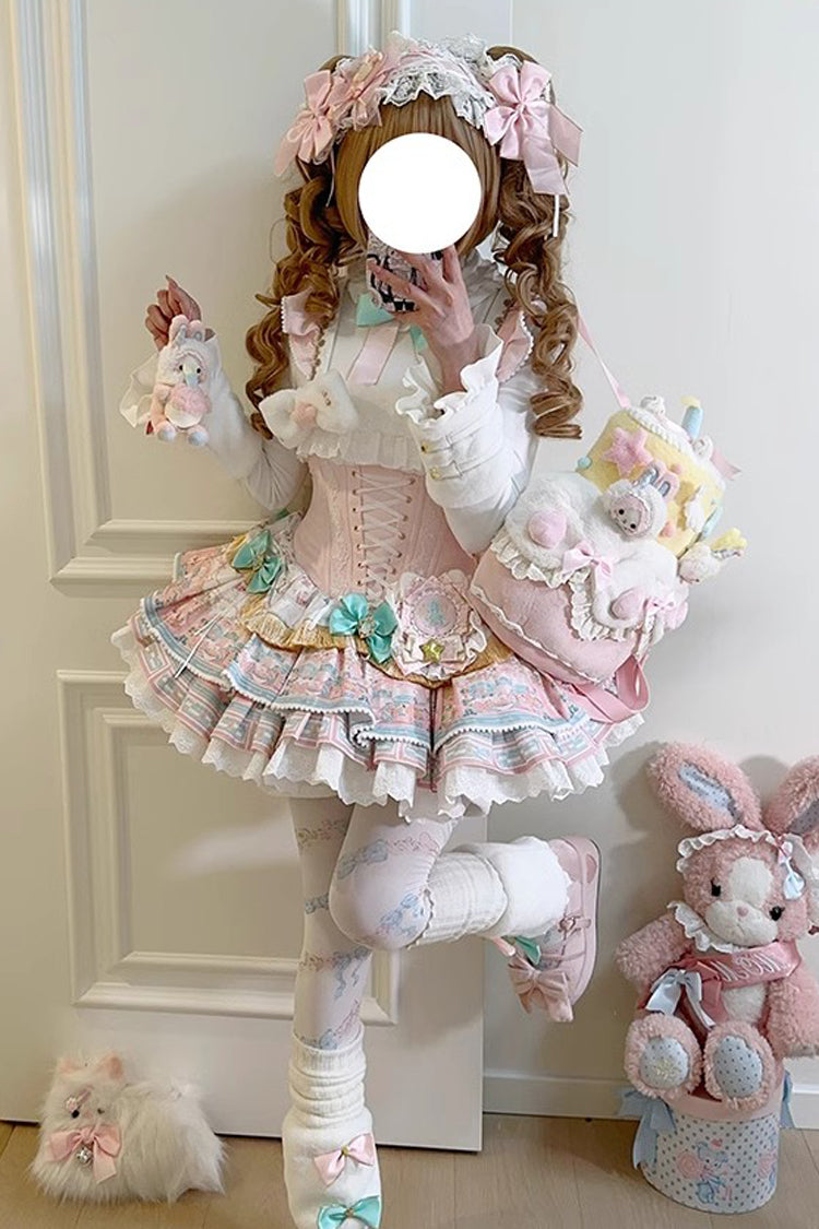 Pink [Candy House] Multi-Layered Print Ruffle Bowknot Lace-Up Sweet Ballet Lolita Jsk Dress - Product - 6
