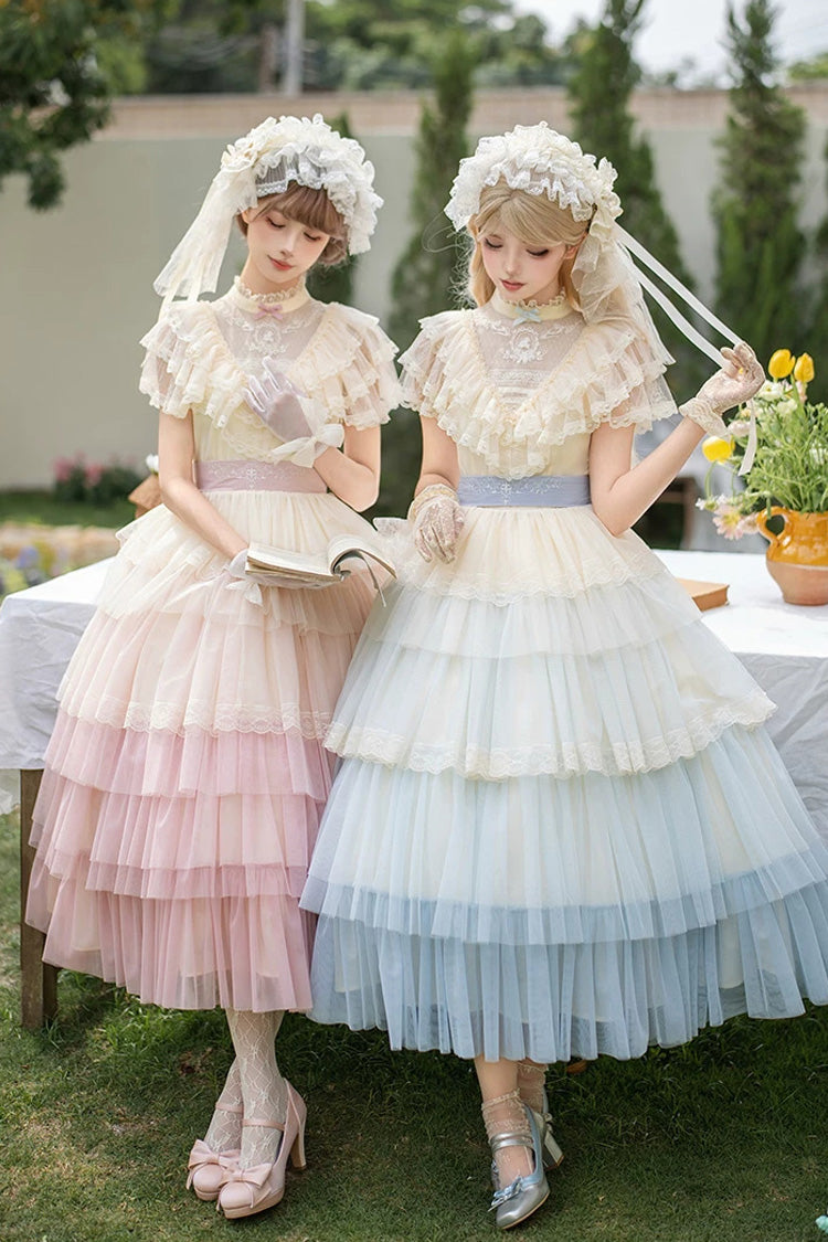 Pink [Sincere Vow] Edwardian Collar Short Sleeves Ombre Multi-Layered Ruffled Embroidered Sweet Lolita Dress - Product - 6