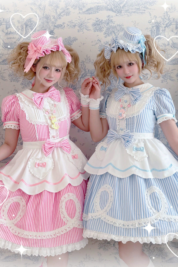 [A Day as a Candy Shop Owner] Peter Pan Collar Short Sleeves Printed Bow Sweet Lolita Dress 3 Colors (Red, Blue, Pink) - Product - 6