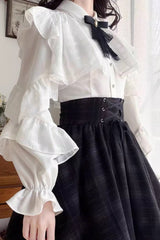 Black/White Long Sleeves Plaid Printed Lace Lace-Up Sweet Jirai Kei Skirt Set - Product - 9