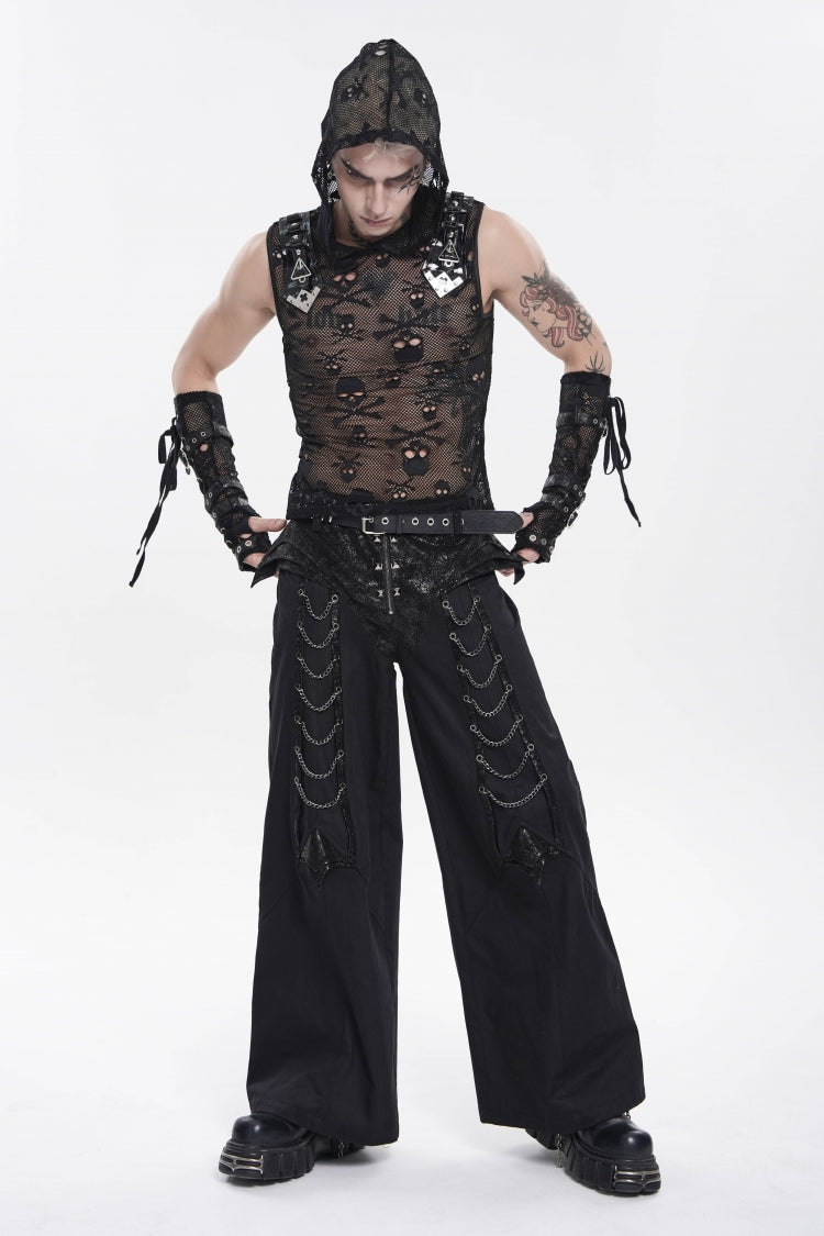 Black Spliced Studded Zippered Chain-Decorated Men's Punk Cool Pants - Product - 6