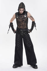 Black Spliced Studded Zippered Chain-Decorated Men's Punk Cool Pants - Product - 6