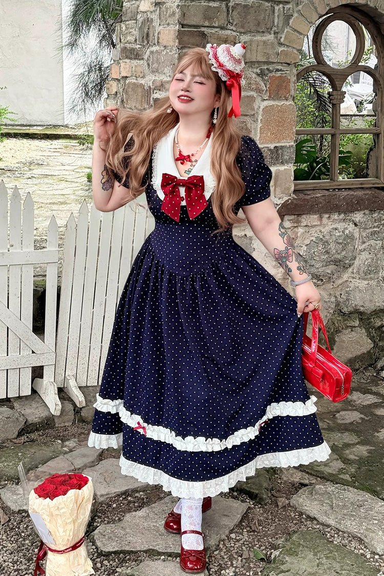 Blue V Collar Short Sleeves Polka Dot Printed Ruffled Bow Lace Classic Plus Size Preppy Style Lolita Dress - Product - 8