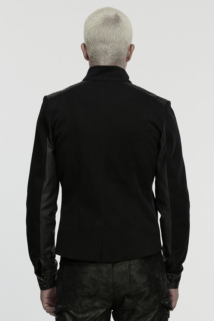 Black Stand Collar Long Sleeves Zipper Pleated Men's Punk Jacket - Product - 3