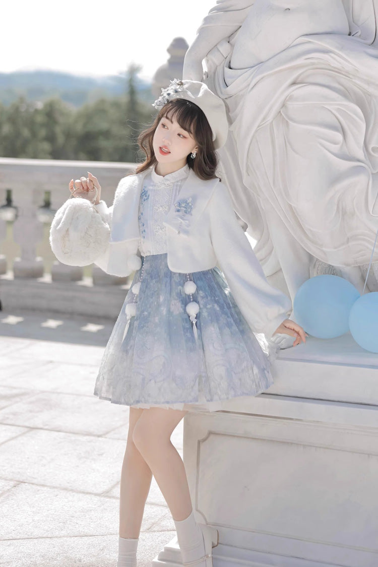 White/Blue Long Sleeves Print Ruffle Chinese Style Princess Sweet Lolita Jsk Dress Set - Product - 5