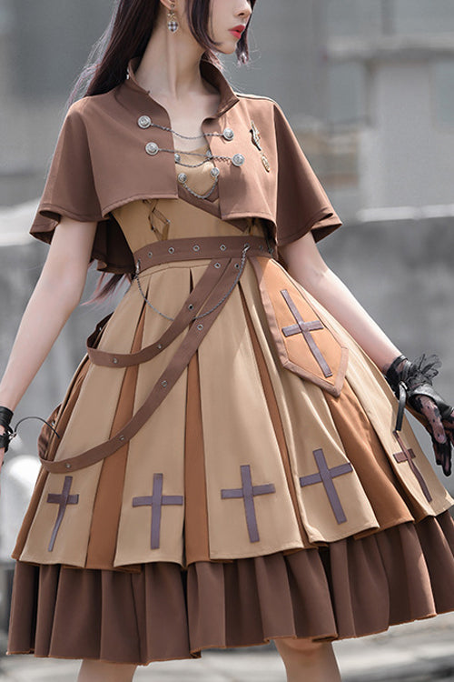 Brown Retro Military Style Dawn Classic Lolita JSK Dress Full Set - Brown - 1
