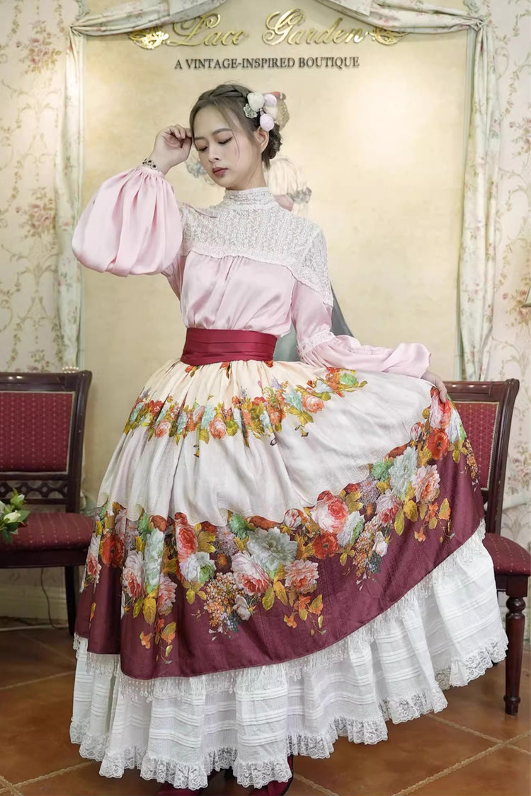 Red [Rainy Season Garden] Print Ruffle Sweet Classic Lolita Skirt - Red - 1