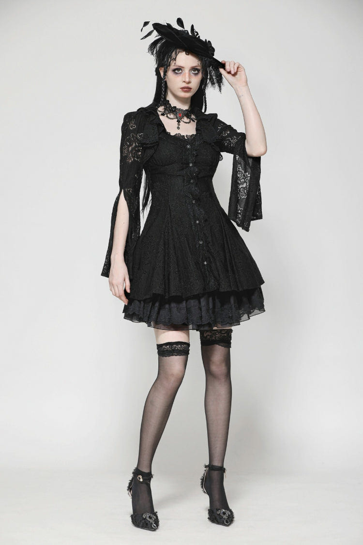 Black Long Trumpet Sleeves Embroidered Lace Lace-Up Women's Gothic Honeymoon Dress - Product - 2