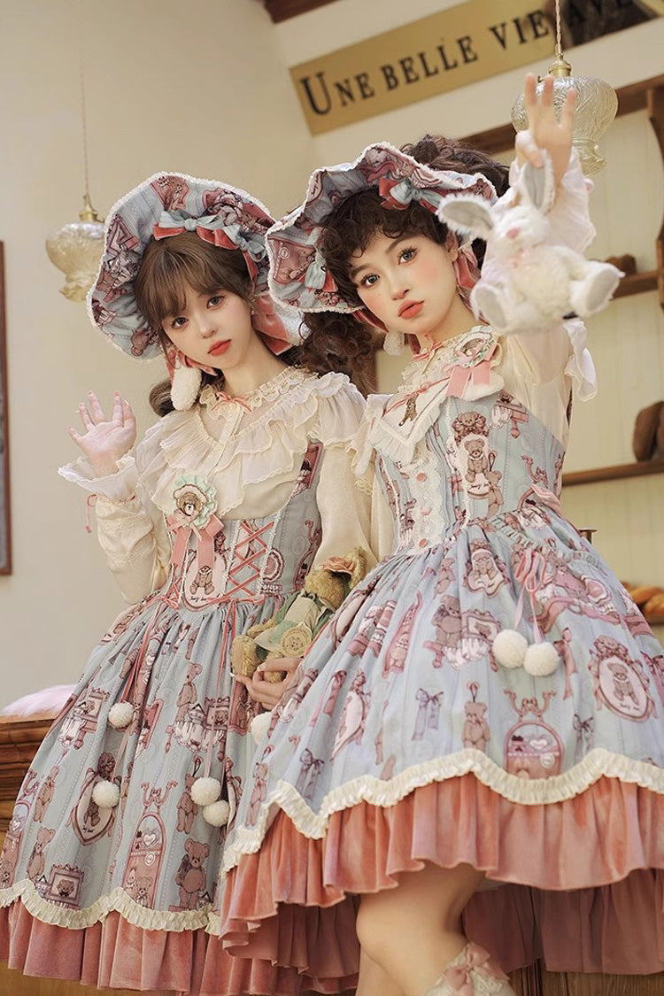 Pink/Green Bear Doll Wall Print Ruffle Embroidery Bowknot Sweet Corset Lolita Jsk Dress - Pink/Green - 1