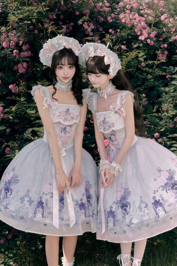 [Morning Dew Rose] Square Collar Flutter Sleeves Printed Embroidered Bow Sweet Chinese Inspired Lolita Jsk Dress 2 Colors (Blue, Green) - Product - 2