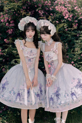 [Morning Dew Rose] Square Collar Flutter Sleeves Printed Embroidered Bow Sweet Chinese Inspired Lolita Jsk Dress 2 Colors (Blue, Green) - Product - 2