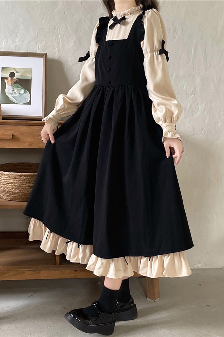Black/Apricot Japanese Long Puff Sleeves Ruffle Bowknot Sweet Lolita Dress 2 Colors - Product - 4