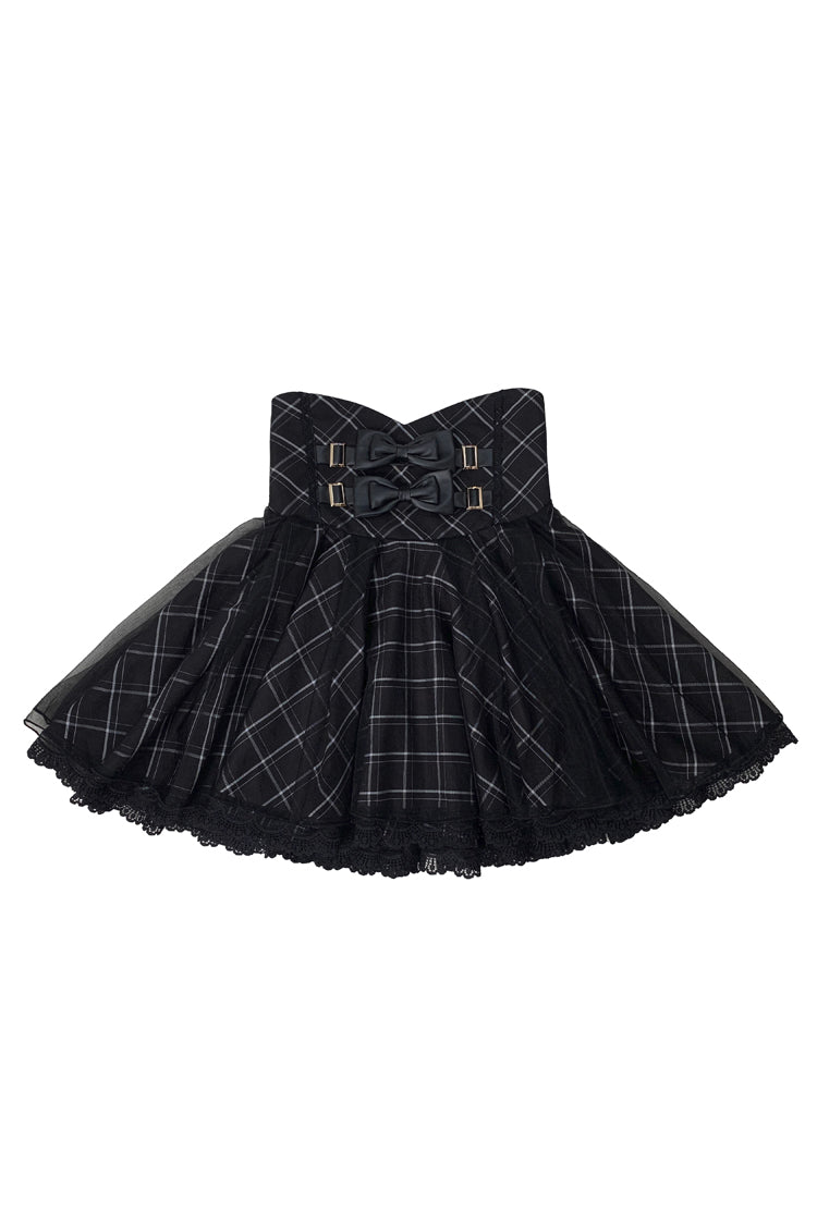Black Plaid Print Bowknot Sweet Jirai Kei Japanese Skirt - Product - 3