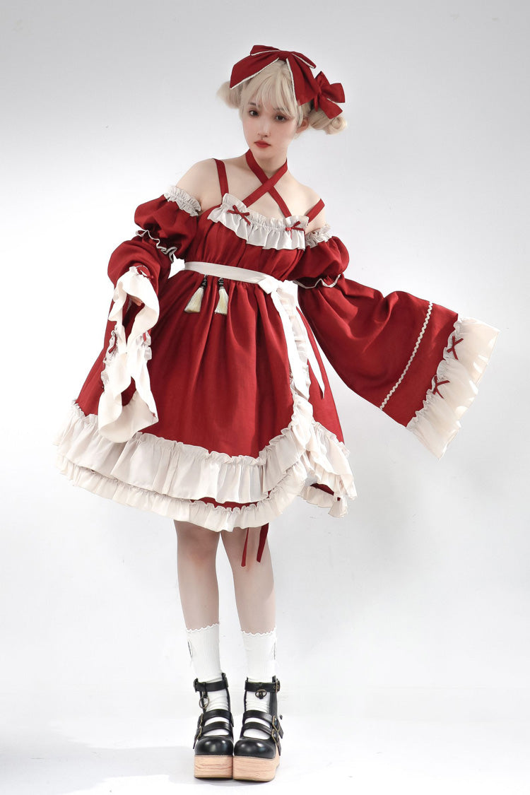 Red [Monet Estate] Sleeveless High Waisted Ruffle Bowknot Asymmetric Gothic Lolita Jsk Dress - Red - 1
