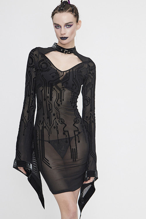 Black Circuit Diagram Flocking Printed Flared Sleeve Womens Gothic Dress - Product - 3