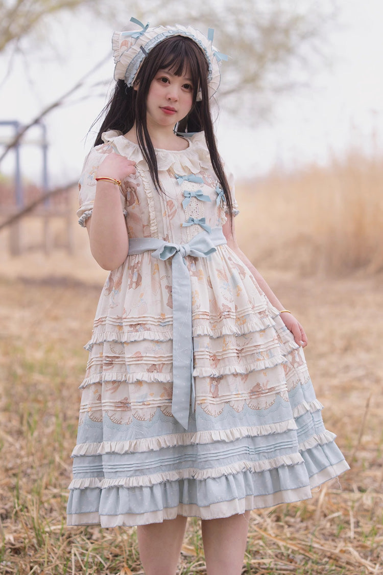 Blue/Apricot [Harvest Bear] Print Short Sleeves Multi-Layered Ruffle Bowknot Sweet Plus Size Lolita Dress 2 Versions - Product - 7