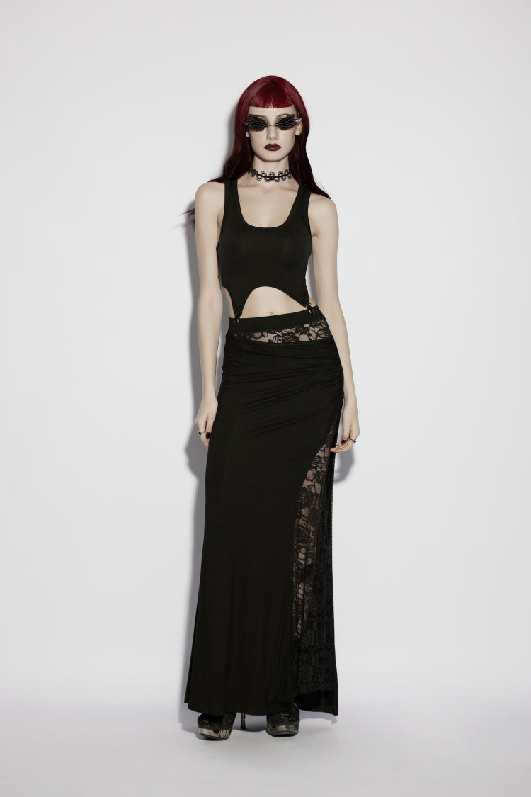 Black Cut-Out Rose Lace Splice Side Slit Asymmetric Women's Gothic Skirt - Black - 1