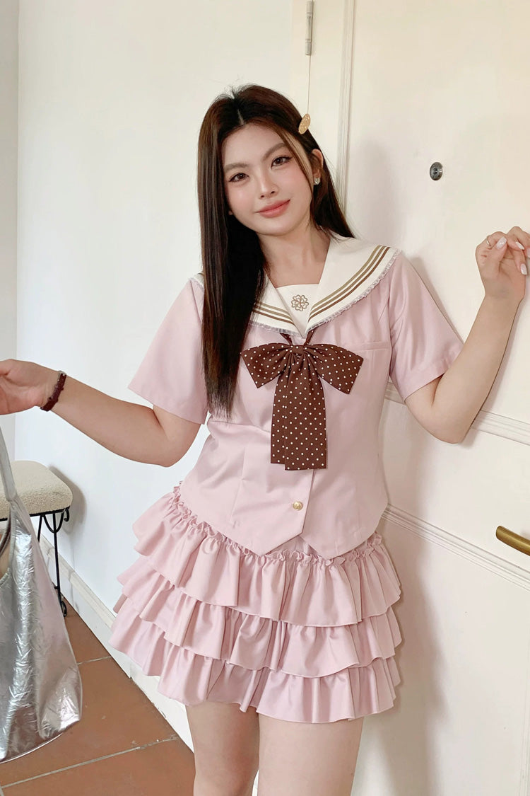 Pink Short Sleeves Triple-Layered Ruffled Bow Plus Size Japanese Preppy Style Sweet Sailor Collar Two-piece Set - Product - 6
