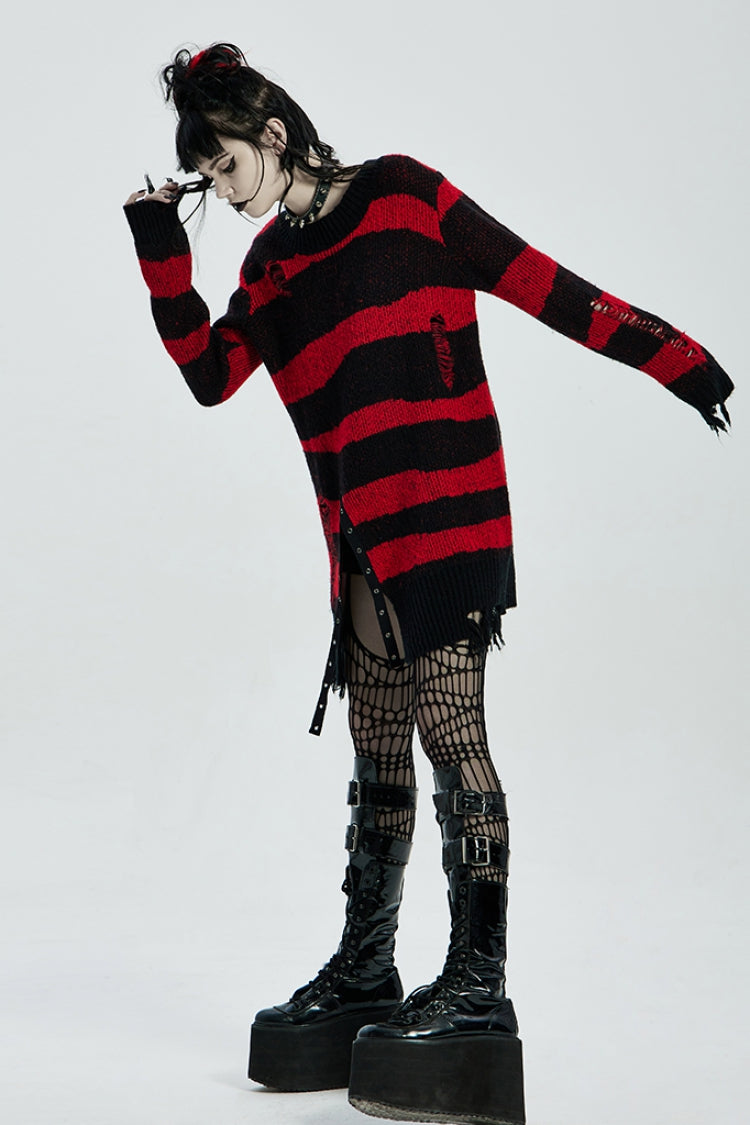 Striped Print Long Sleeves Mesh Ripped Women's Steampunk Knitted Sweater 2 Colors - Product - 11
