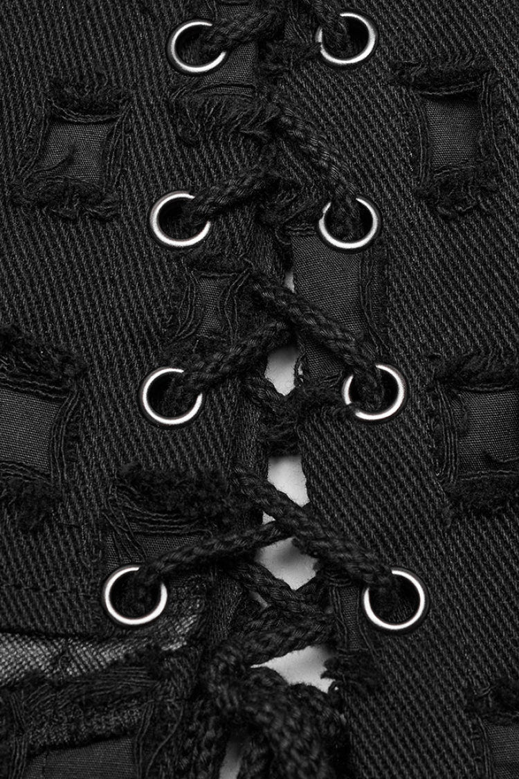 Black Hollow Cross-Taped Stitching Lace-Up Ripped Women's Steampunk Skirt - Product - 6