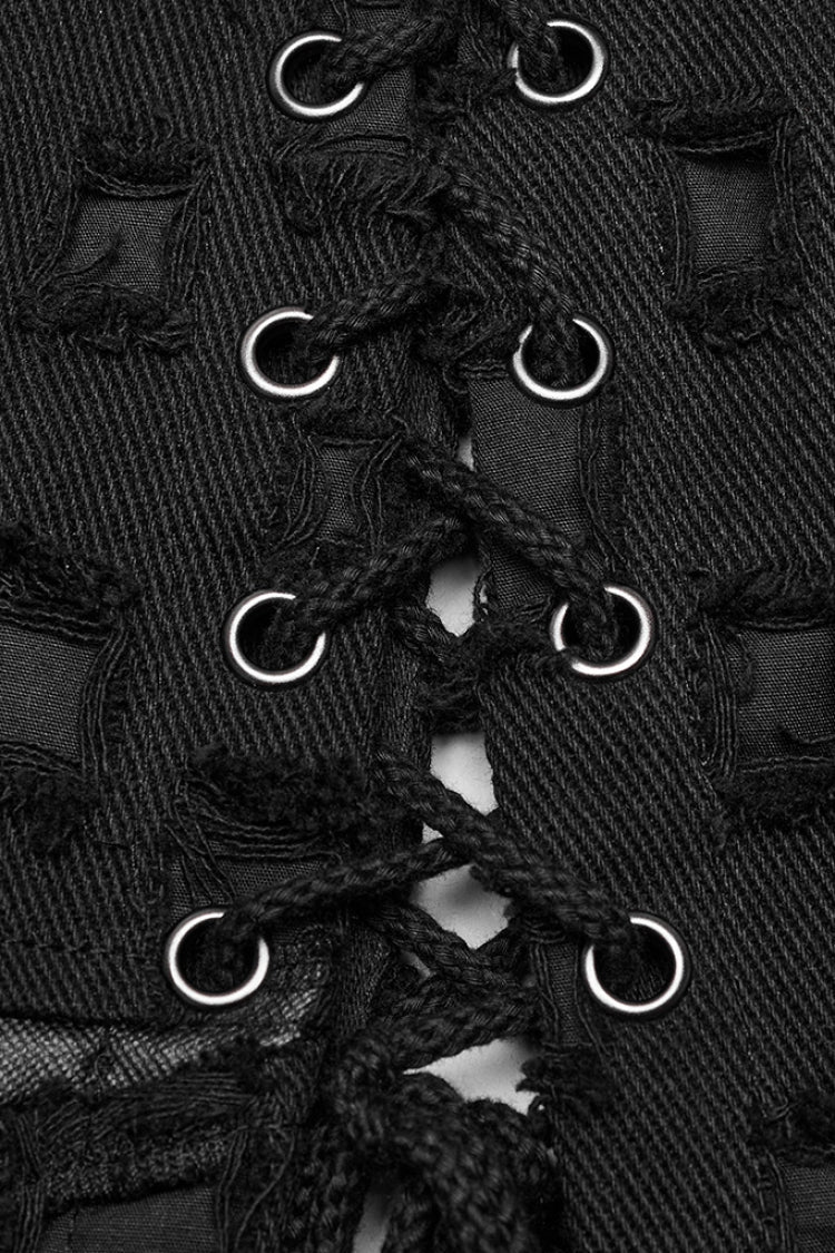 Black Hollow Cross-Taped Stitching Lace-Up Ripped Women's Steampunk Skirt - Product - 6