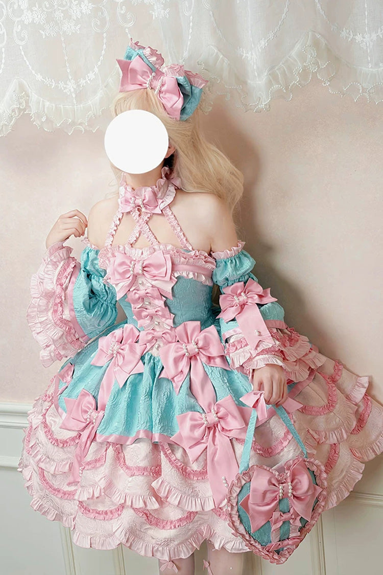 Pink/Green [Sweetheart Petals] Halterneck Sleeveless Multi-Layered Jacquard Ruffled Bow Pearl Detail Sweet Lolita Jsk Dress - Product - 10