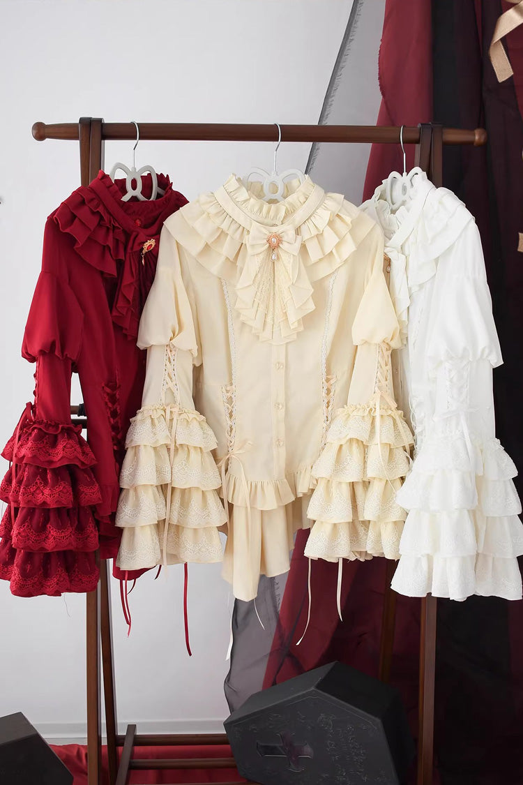 [The Angel of Good and Evil] Long Trumpet Sleeves Multi-Layered Ruffled Lace Classic Elegant Lolita Blouse 4 Colors - Product - 3