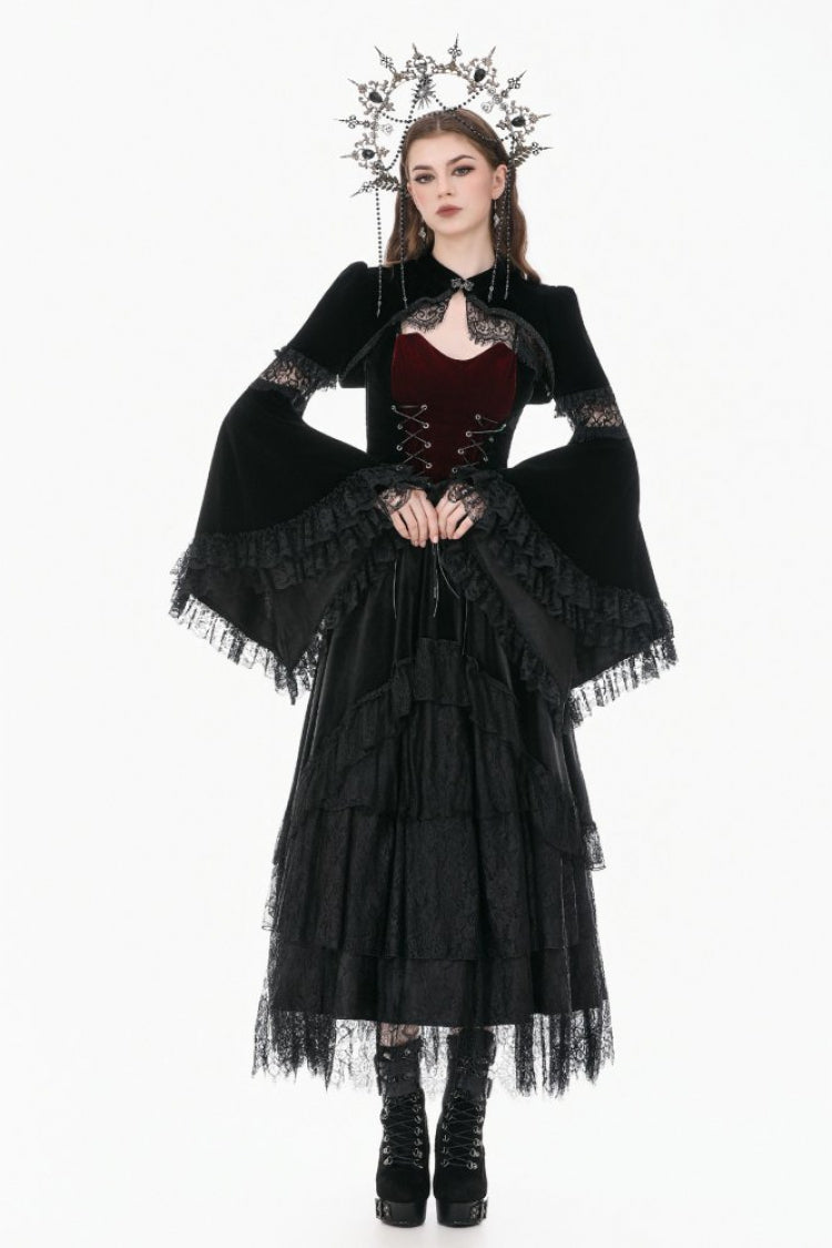 Black Keyhole Mandarin Collar Long Flare Sleeves Velvet Splice Lace Women's Gothic Shrug - Black - 1