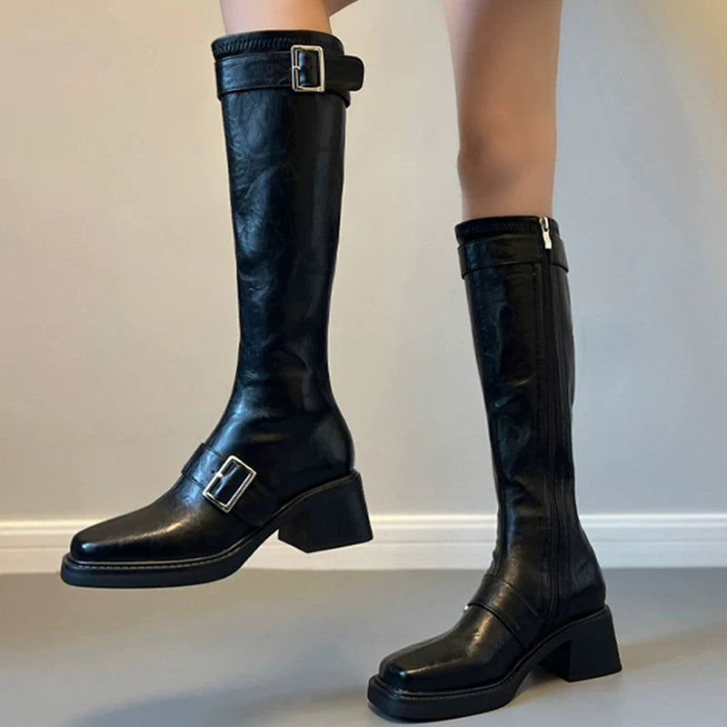 Classic PU Buckled Lolita Knee-High Boots 2 Colors (Black, Brown) - Black - 4