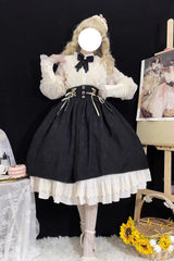 Black [Heart of Rose] High Waisted Ruffle Embroidery Lace-Up Sweet Vintage Elegant Palace Lolita Skirt - Black - 1