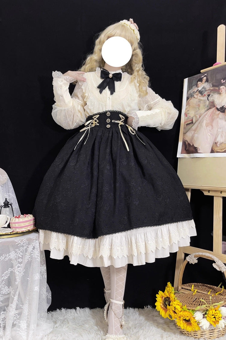 Black [Heart of Rose] High Waisted Ruffle Embroidery Lace-Up Sweet Vintage Elegant Palace Lolita Skirt - Black - 1