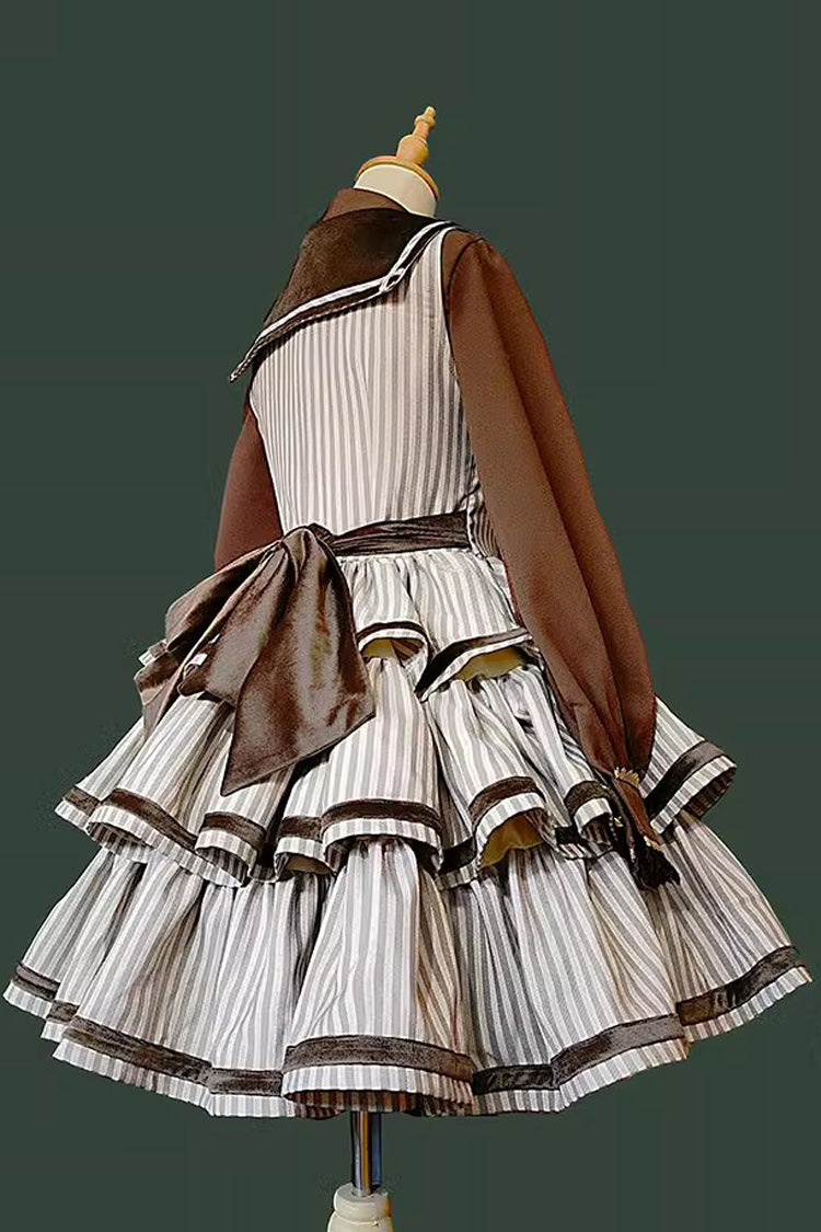 [From the Other Side] Sleeveless Triple-Layered Vertical Stripes Print Print Ruffle Bowknot Sweet College Style Lolita Jsk Dress - Product - 5