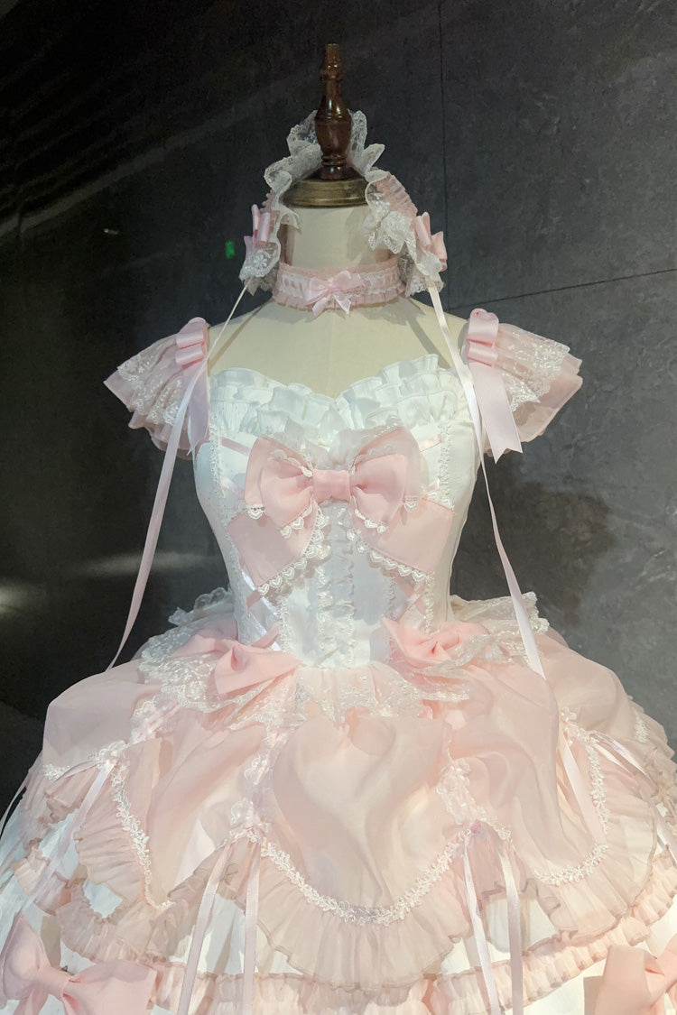 White/Pink Sleeveless Triple-Layered Ruffled Bow Lace Sweet Princess Ballet Lolita Jsk Dress - Product - 6