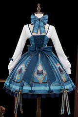 Blue/Green Genshin Impact Lynette Korean Cafe Style Cosplay Long Sleeves Print Bowknot Lace Sweet Lolita Dress Set - Product - 3