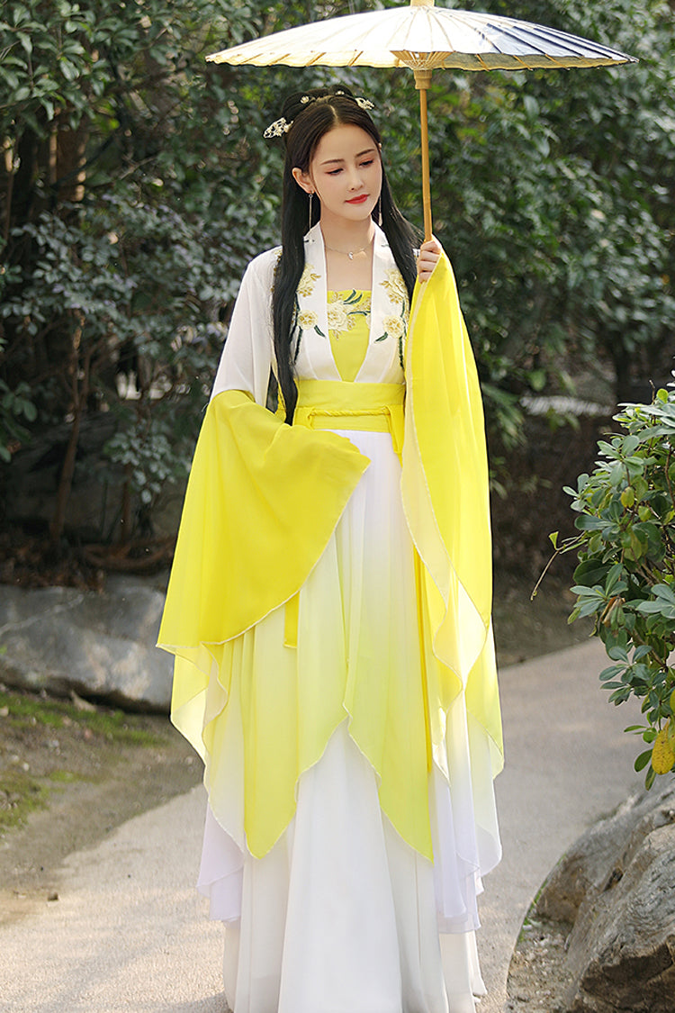 White/Yellow High Waisted Gradient Embroidery Irregular Women's Sweet Hanfu Dress Full Set - Product - 2