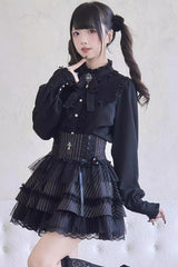 Sweet Print Ruffle Lace Lace-Up Jirai Kei Skirt 3 Colors - Black - 4