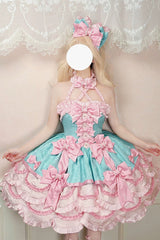 Pink/Green [Sweetheart Petals] Halterneck Sleeveless Multi-Layered Jacquard Ruffled Bow Pearl Detail Sweet Lolita Jsk Dress - Product - 9