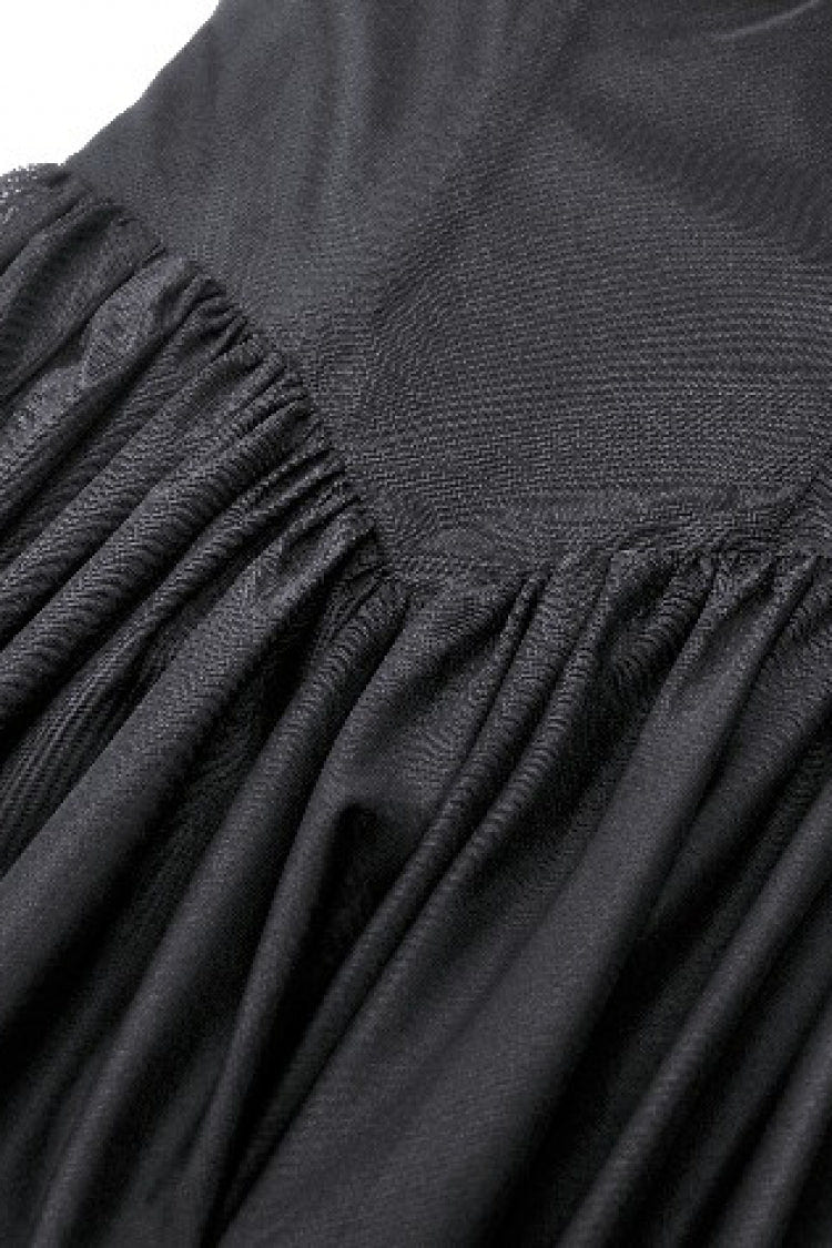 Black Off Shoulder Boat Neck Multi-Layered Long Trumpet Sleeves Lace Spliced Tulle Lace-Up Women's Gothic Fantasy Dress - Product - 14
